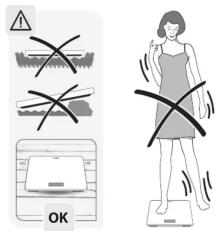 Safety warning illustration showing incorrect safety symbols and a person standing on a scale with 'OK' label