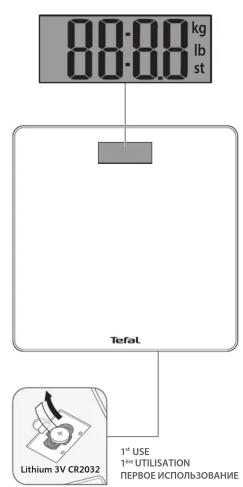 88.00 kg lb st Tefal 1st USE 1st UTILISATION ПЕРВОЕ ИСПОЛЬЗОВАНИЕ Lithium 3V CR2032