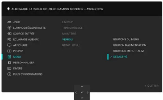 ALIENWARE AW3425DW - Icône Menu et sous-menu Description - 2