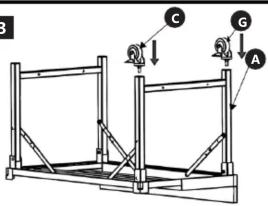 Technical diagram of a mechanical frame assembly with labeled components A, G, and C