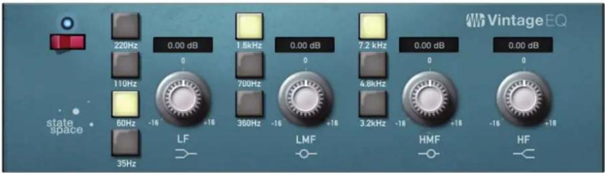 VintageEQ 220Hz 0.00 dB 1.5kHz 0.00 dB 7.2 kHz 0.00 dB 0.00 dB 110Hz 0 700Hz 0 4.8kHz 0 0 state space 60Hz -16 +16 360Hz -16 +16 3.2kHz -16 +16 HMF HF 35Hz LF LMF HMF HF