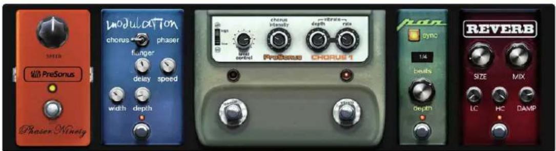 3MHz PreSonus Phaser Ninety Modulation chorus phase flunger delay speed width depth Chorus idemler level control Prolanus CHORUS 1 Chorus idemler depth scale phase pans sync 1/4 beats depth REVERB SIZE MIX LC HC DAMP