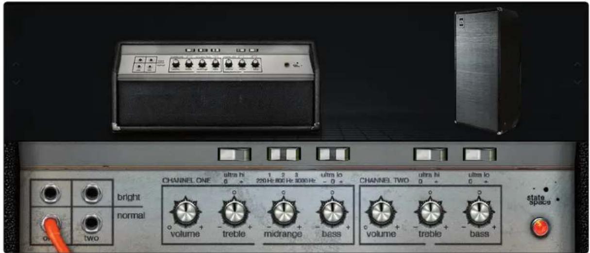 BRIGHT normal o+ two CHANNEL ONE ultra hi 1 2 3 ultra lo CHANNEL TWO ultra hi ultra lo 0 + 220 Hz 800 Hz 3000 Hz - 0 + volume + treble + midrange + bass + volume + treble + bass + state space