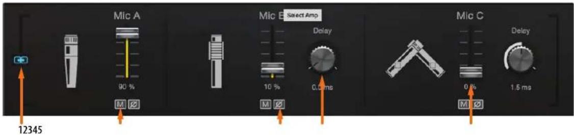 Mic A 90 % M Mic E Select Amp 10 % 0.0 ms Mic C Delay Delay 0 % 12345 M