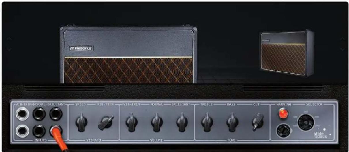 VIB Pre-Scrus VIB-TREM NORMAL BRILLIANT SPEED VIB-TREM VIB-TREM NORMAL BRILLIANT TREBLE BASS CUT WARNING SELECT OK INPUTS VISRA TO VOLUME TONE STATE SPRING