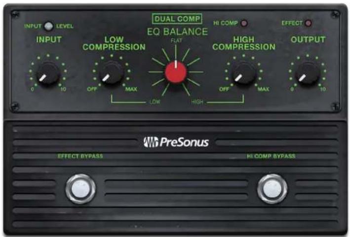 DUAL COMP EQ BALANCE FLAT HIGH COMPRESSION EFFECT INPUT LEVEL LOW COMPRESSION HI COMP OUTPUT OFF MAX LOW HIGH OFF MAX 0 10 0 10 Effect BYPASS HI COMP BYPASS PreSonus