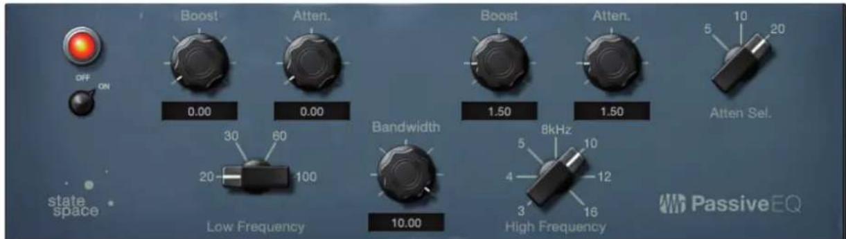 OFF ON Boost 0.00 Atten. 0.00 Boost 1.50 Atten. 1.50 Atten Sel. 20 30 60 Bandwidth 100 Low Frequency 10.00 8kHz 4 12 3 16 High Frequency State space PassiveEQ