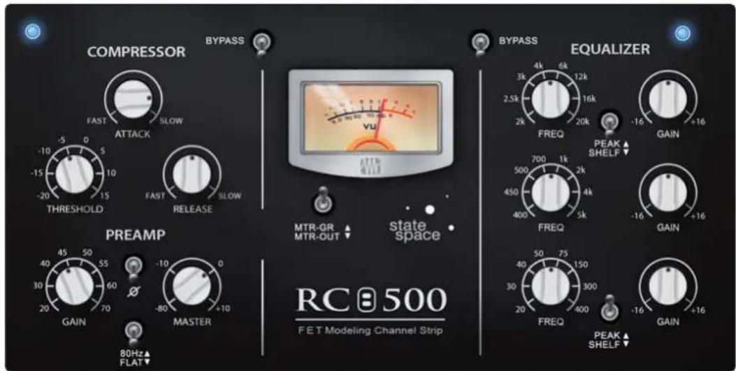 COMPRESSOR BYPASS FAST SLOW ATTACK -5 0 5 -10 -15 10 -20 15 THRESHOLD FAST RELEASE SLOW PREAMP GAIN MASTER -10 0 -80 +10 80Hz FLAT EQUALIZER FREQ PEAK SHELF MTR-GR MTR-OUT state space RC 8500 FET Modeling Channel Strip BYPASS FREQ GAIN -16 +16 4k 6k 12k 2.5k 16k 2k 20k -16 +16 700 1k 2k 450 4k 400 5k -16 +16 FREQ GAIN -16 +16 40 75 150 30 300 20 400 -16 +16 FREQ GAIN PEAK SHELF