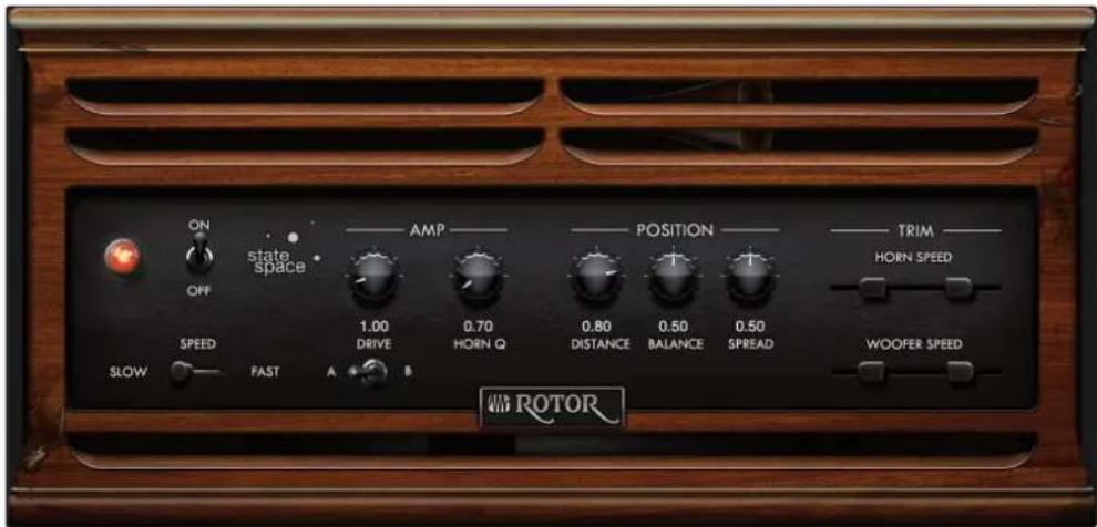 ON OFF state space SPEED FAST AMP 1.00 DRIVE 0.70 HORN Q 0.80 DISTANCE 0.50 BALANCE 0.50 SPREAD TRIM HORN SPEED WOOFER SPEED A B WIN ROTOR