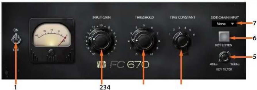 ON OFF INPUT GAIN 12 10 8 10 8 18 16 20 2 30 3 40 4 50 5 60 6 70 7 THRESHOLD 1 2 3 4 5 0 1 2 3 4 5 TIME CONSTANT 1 2 3 4 5 6 SIDE CHAIN INPUT None ▼ KEY LISTEN 40Hz 16kHz KEY FILTER 1 234