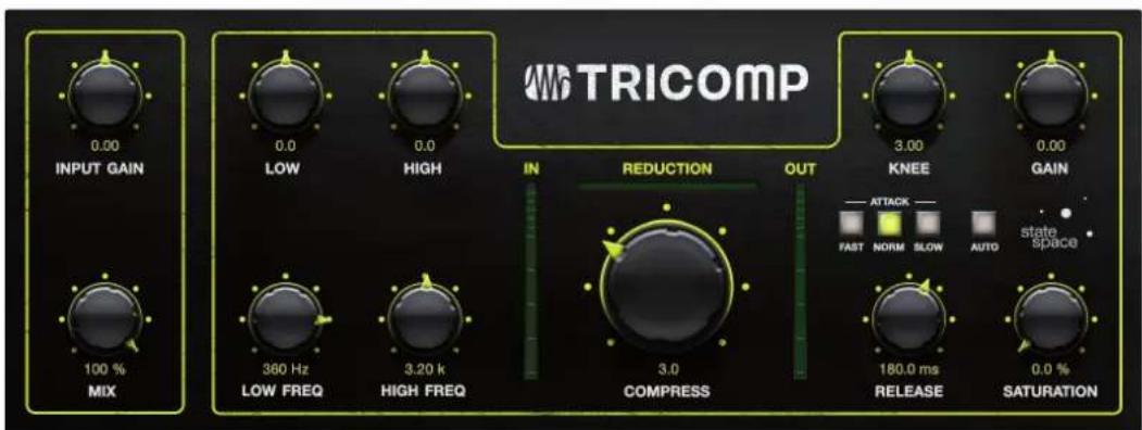 TRICOMP 0.00 INPUT GAIN 0.0 LOW 0.0 HIGH 100 % MIX 360 Hz LOW FREQ 3.20 k HIGH FREQ IN REDUCTION 3.0 COMPRESS OUT 3.00 KNEE 0.00 GAIN ATTACK FAST NORM SLOW AUTO state space 180.0 ms RELEASE 0.0 % SATURATION