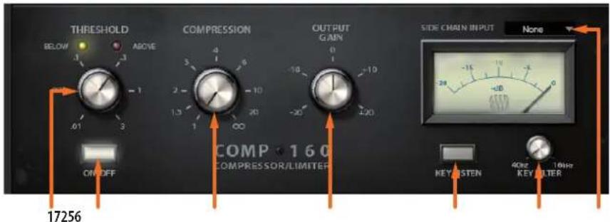 THRESHOLD BELOW 1 3 -1 .01 3 COMPRESSION 4 2 1.3 1 -10 20 OUTPUT GAIN -10 -20 +20 SIDE CHAIN INPUT None COMP 160 COMPRESSOR/LIMITED ON/OFF 17256 KEY/STEN 4ONE KEY/ALTER 16Hz
