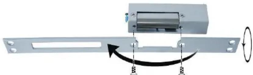 Mechanical assembly diagram showing a lock mechanism with rotating components and directional arrows (no text or symbols)