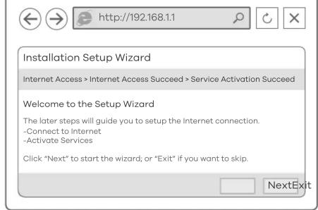 Installation Setup Wizard Internet Access > Internet Access Succeed > Service Activation Succeed Welcome to the Setup Wizard The later steps will guide you to setup the Internet connection. -Connect to Internet -Activate Services Click "Next" to start the wizard; or "Exit" if you want to skip. NextExit