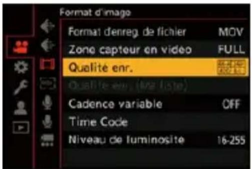Format d'image Format denreg. de fichier MOV Zone capteur en video FULL Qualité enr. Qualité enr. (Ma liste) Cadence variable CFF Time Code Niveau de luminosite 16-255