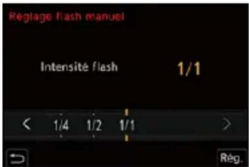 Réglage flash manuel Intensité flash 1/1 < 1/4 1/2 1/1 > Rég.