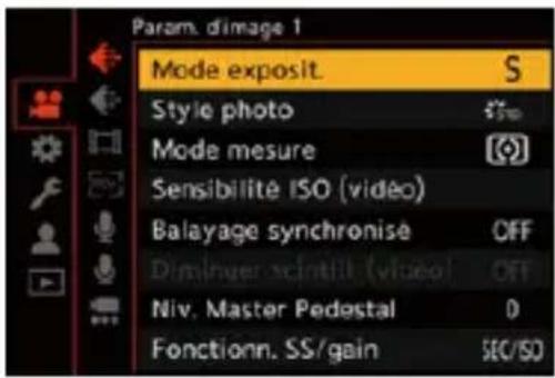 Param. d'image 1 Mode exposit. S Style photo Mode mesure Sensibilité ISO (video) Balayage synchronisé OFF Diminger scintilt (video) OFF Niv. Master Pedestal D Fonctionn. SS/gain SEC/ISO