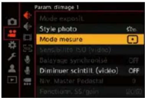 Param. d'image 1 Mode exposit. Style photo Mode mesure Sensibilité ISO (video) Balayage synchronisé OFF Diminuer scintill (video) OFF Niv. Master Pedostal 0 Fonctionn, SS/gain INFO