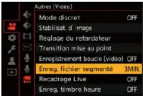 Autres [Vidéo] Mode discret OFF Stabilisat. d' image Réglage du retardateur Transition mise au point Enregistrement boucle (vidéo) OFF Enreg. fichier segmenté 3MIN Recadrage Live OFF Enreg. timbre heure OFF