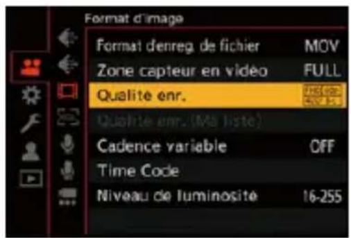 Format d'image Format denreg. de fichier MOV Zone capteur en vidéo FULL Qualite enr. Qualite enr. (Ma liste) Cadence variable OFF Time Code Niveau de luminosite 16-255