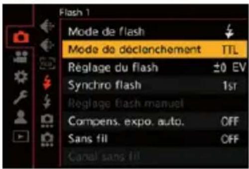Flash 1 Mode de flash Mode de déclenchement TTL Réglage du flash ±0 EV Synchro flash 1st Réglage flash manuel Compens. expo. auto. OFF Sans fil OFF Canal sans fil