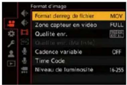 Format d'image Format denreg. de fichier MOV Zone capteur en vidéo FULL Qualité enr. Qualité enr. (Ma tiste) Cadence variable OFF Time Code Niveau de luminosite 16-255