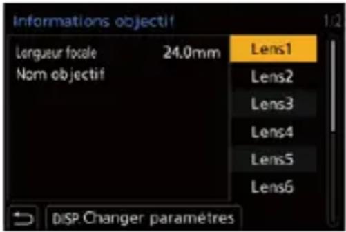 Informations objectif Longueur focale 24.0mm Lens1 Nom objectif Lens2 Lens3 Lens4 Lens5 Lens6 DSP Changer paramètres