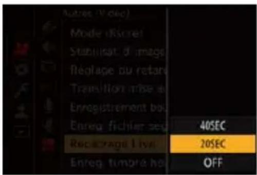 Autres (Mode) Mode Discrel Stabiliser d images Réglage du rotaro Transition mise de Enregistrement bo. Enreg fichier sec 40SEC Recrage Live 20SEC Enreg timbre ho OFF