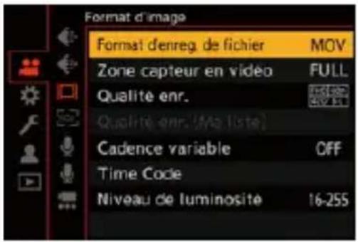 Format d'image Format d'enreg. de fichier MOV Zone capteur en vidéo FULL Qualité enr. Qualité enr.(Ma liste) Cadence variable CFF Time Code Niveau de luminosite 16-255