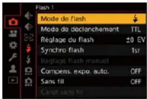 Flash 1 Mode de flash Mode de déclenchement TTL Réglage du flash ±0 EV Synchro flash 1sr Réglage Flash manuel Compens. expo. auto. OFF Sans fil OFF Canot sans fil