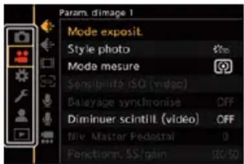 Param. d'image 1 Mode exposit. Style photo Mode mesure Sensibilité ISO (video) Balayage synchronisé OFF Diminuer scintill (video) OFF File Master Pedestal 0 Fonctionn. SS/gain ISO/ISO