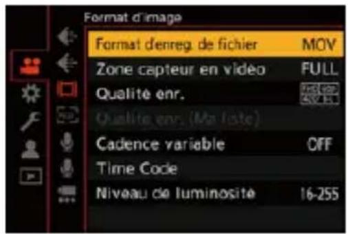 Format d'image Format d'enreg. de fichier MOV Zone capteur en vidéo FULL Qualité enr. Qualité enr. (Ma liste) Cadence variable CFF Time Code Niveau de luminosité 16-25S
