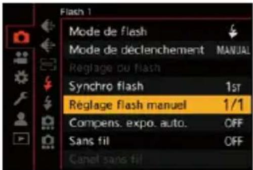 Flash 1 Mode de flash Mode de déclenchement MANUAL Réglage du flash Synchro flash 1st Réglage flash manuel 1/1 Compens. expo. auto. OFF Sans fil OFF Canel sans fil