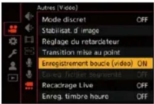 Autres (Video) Mode discret OFF Stabilisat. d' image Réglage du retardateur Transition mise au point Enregistrement boucle (video) ON Enreg. fichler segmenté OFF Recadrage Live OFF Enreg. timbre heure OFF