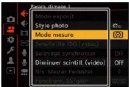 Param.dimage 1 Mode exposit Style photo Mode mesure Sensibilité ISO (video) Balayage synchronise Diminuer scintill (video) Niv. Master Pedestal Fonction, $5 gain