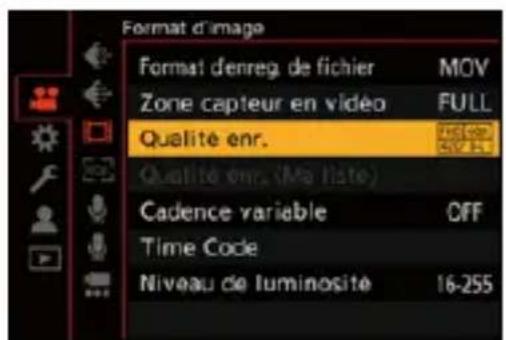 Format d'image Format denreg de fichier MOV Zone capteur en vidéo FULL Qualité enr. Qualité enr. (Ma liste) Cadence variable CFF Time Code Niveau de luminosité 16-255