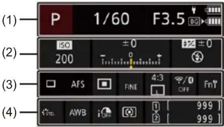 (1) P 1/60 F3.5 (2) ISO ±0 #±0 200 - 0 + (3) AFS FINE 4:3 0 /0 Fn# STD. AWB OFF 1 999 999
