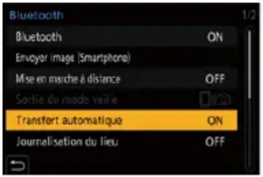 Bluetooth Bluetooth ON Envoyer image (Smartphone) Mise en marche à distance OFF Sortie du mode veilie Transfert automatique ON Journalisation du lieu OFF
