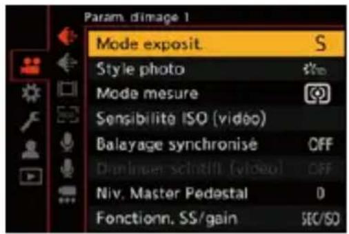 Param. d'image 1 Mode exposit. Style photo Mode mesure Sensibilité ISO (video) Balayage synchronisé Daminier scintill (video) Niv. Master Pedestal Fonctionn. SS/gain S