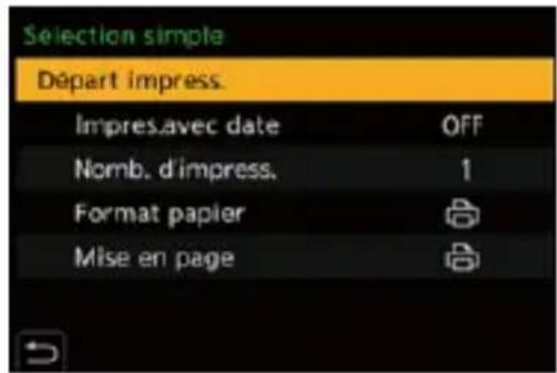 Selection simple Départ impress. Impres.avec date OFF Nomb. d'impress. 1 Format papier Mise en page