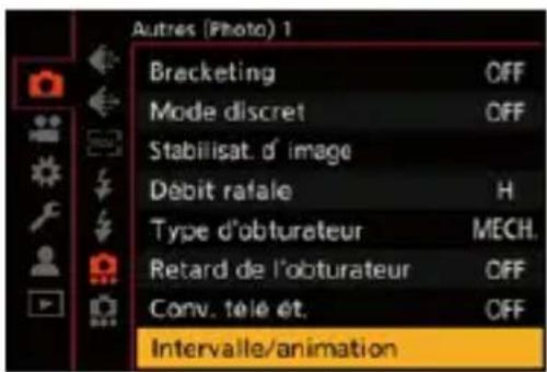 Autres (Photo) 1 Bracketing OFF Mode discret OFF Stabilisat. d' image Débit rafale H Type d'obturateur MECH. Retard de l'obturateur OFF Conv. télé et. OFF Intervalle/animation