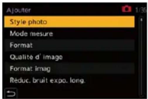 Ajouter Style photo Mode mesure Format Qualité d' image Format imag Réduc. bruit expo. long.