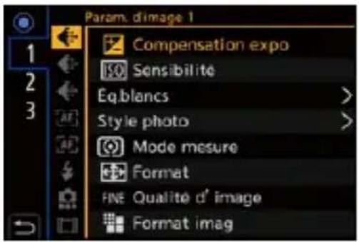 Param. d'image 1 Compensation expo Sensibilite Eq.blancs Style photo Mode mesure Format FINE Qualité d' image Format imag