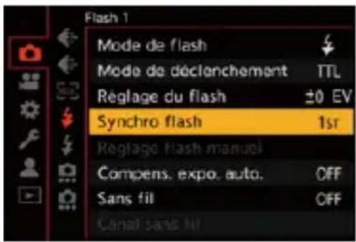Flash 1 Mode de flash Mode de déclenchement TTL Réglage du flash ±0 EV Synchro flash 1sr Réglage flash manuel Compens, expo, auto. OFF Sans fil OFF Canal sans M