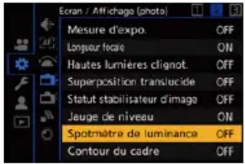Ecran / Affichage (photo) Mesure d'expo. OFF Longueur focale ON Hautes lumières clignot. OFF Superposition translucide OFF Statut stabilisateur d'image OFF Jauge de niveau ON Spotmètre de luminance OFF Contour du cadre OFF