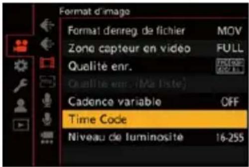 Format d'image Format denreg. de fichier MOV Zone capteur en vidéo FULL Qualité enr. Qualité enr./Ma date) Cadence variable OFF Time Code Niveau de luminosite 16-255