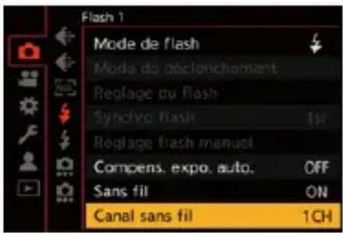 Flash 1 Mode de flash Mode de déclenchement Reglage du flash Syncré: flash 1st Reglage flash manugé Compens. expo. auto. OFF Sans fil ON Canal sans fil 1CH