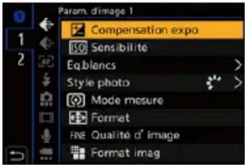 Param. d'image 1 Compensation expo Sensibilite Eq.blancs Style photo Mode mesure Format FINE Qualité d' image Format imag