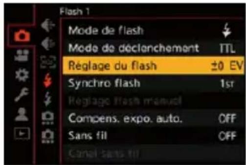 Flash 1 Mode de flash Mode de déclenchement TTL Réglage du flash ±0 EV Synchro flash 1sr Réglage flash manuel Compens. expo. auto. OFF Sans fil OFF Canal sans fil