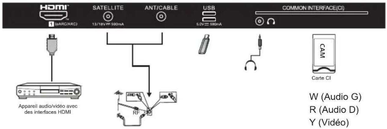HDMI 1 (oARCI/ARC) SATELLITE 13/18V 500mA ANT/CABLE USB 5.0V 500mA COMMON INTERFACE(CI) Appareil audio/video avec des interfaces HDMI RF CAM Carte CI W (Audio G) R (Audio D) Y (Vidéo)
